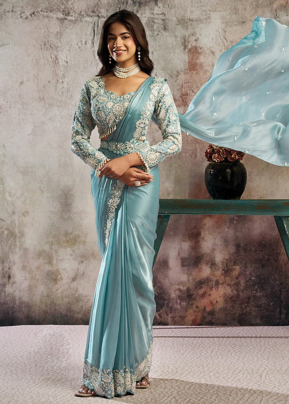 Mint Blue Satin Pre-Stitched Saree with Belt – Elegant & Easy to Wear