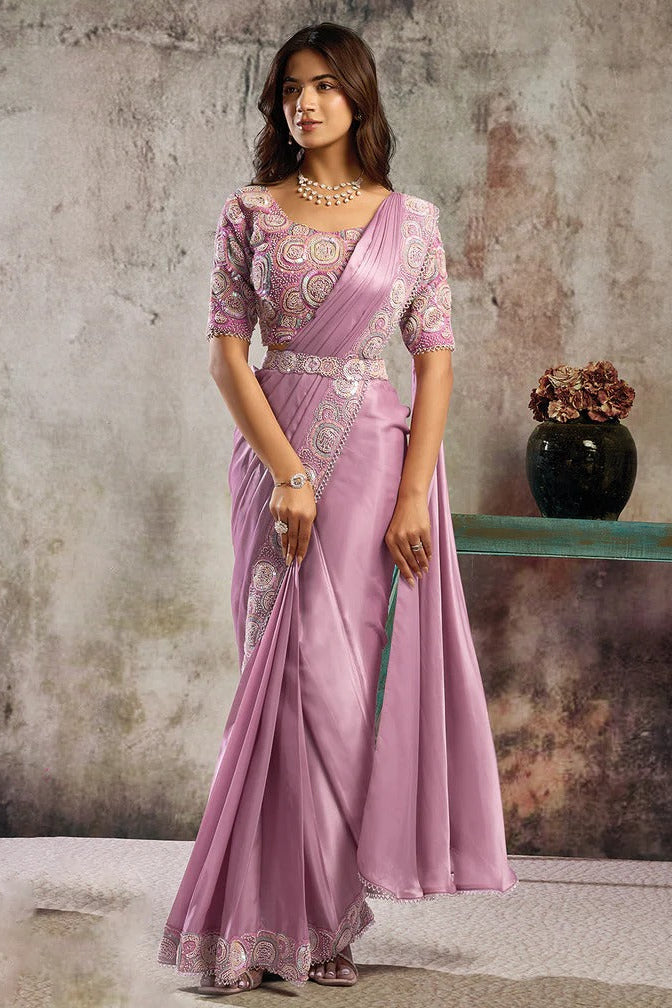 Pink Satin Pre-Stitched Saree with Belt – Elegant & Easy to Wear