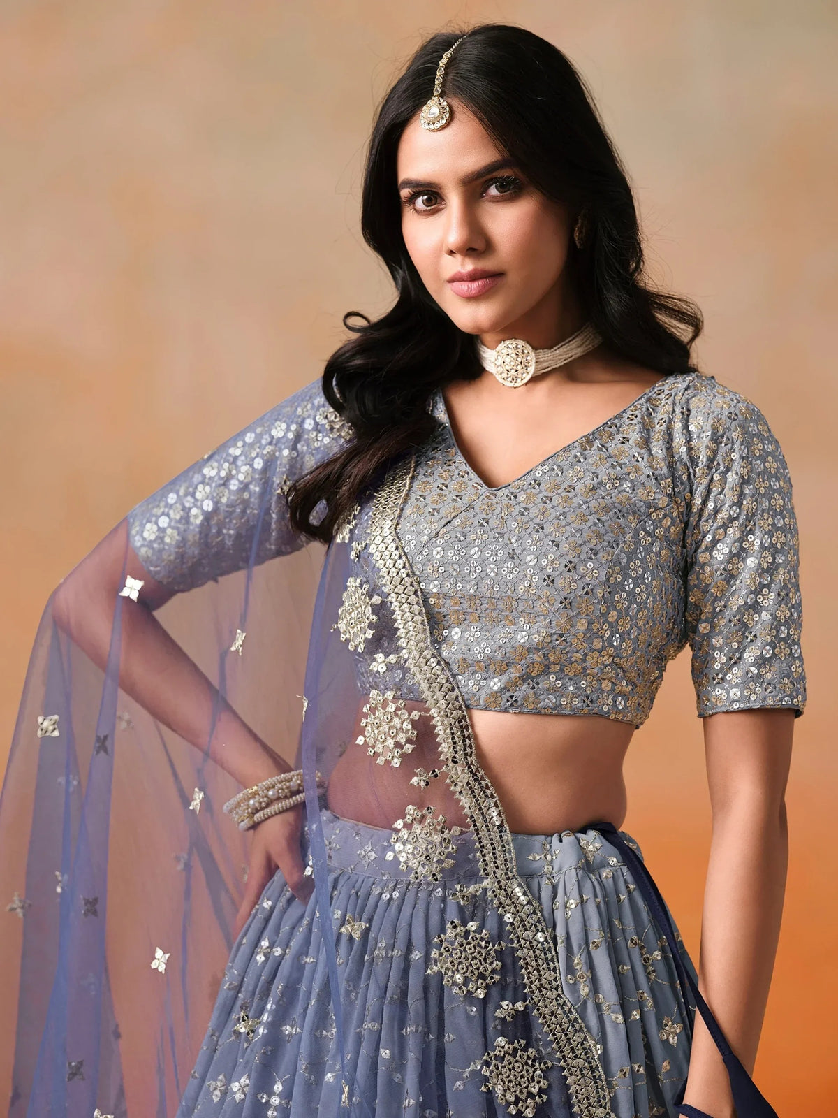 Navy Georgette Sequins Work Lehenga Choli