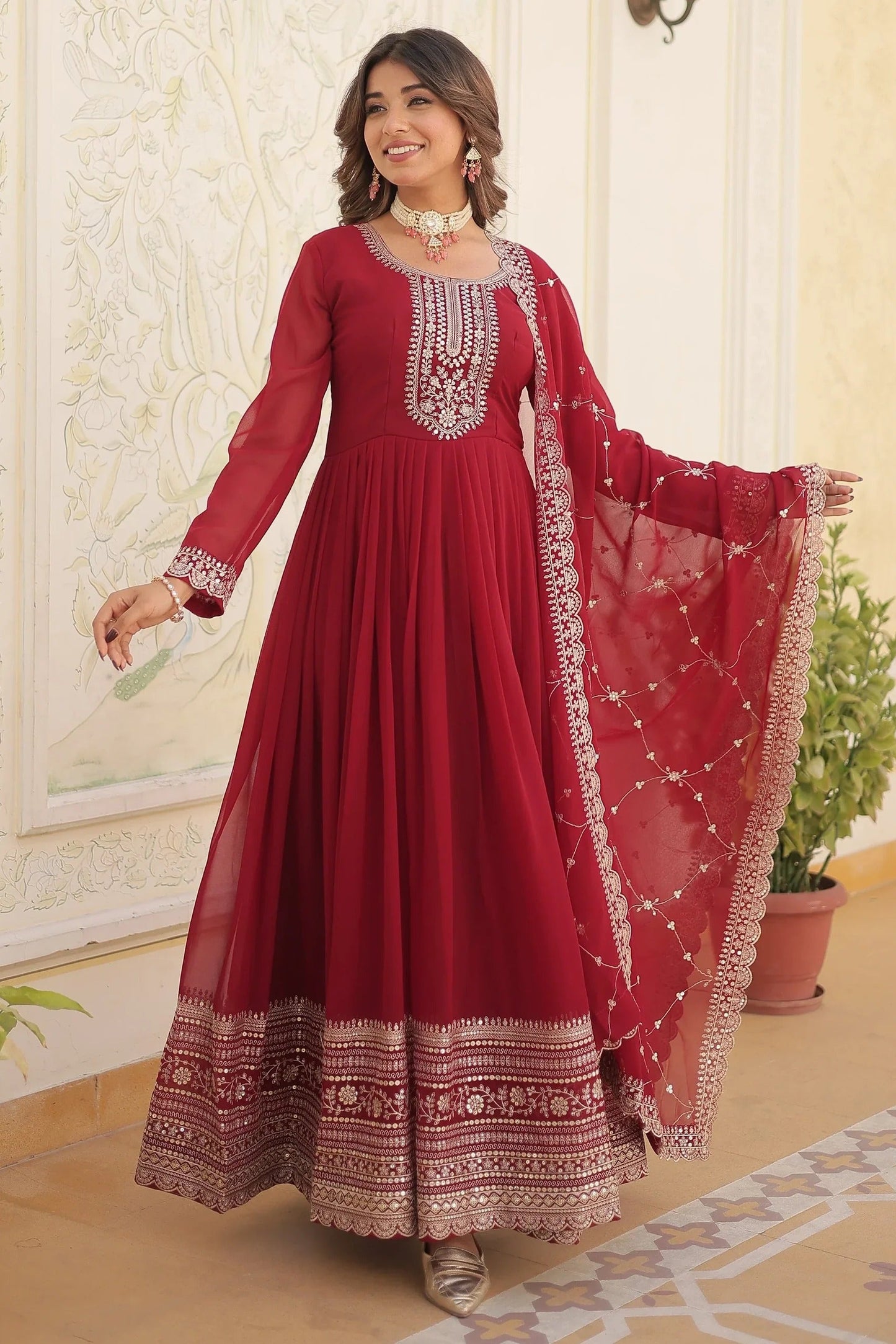 Maroon Sequins Georgette Festival Wear Gown With Dupatta