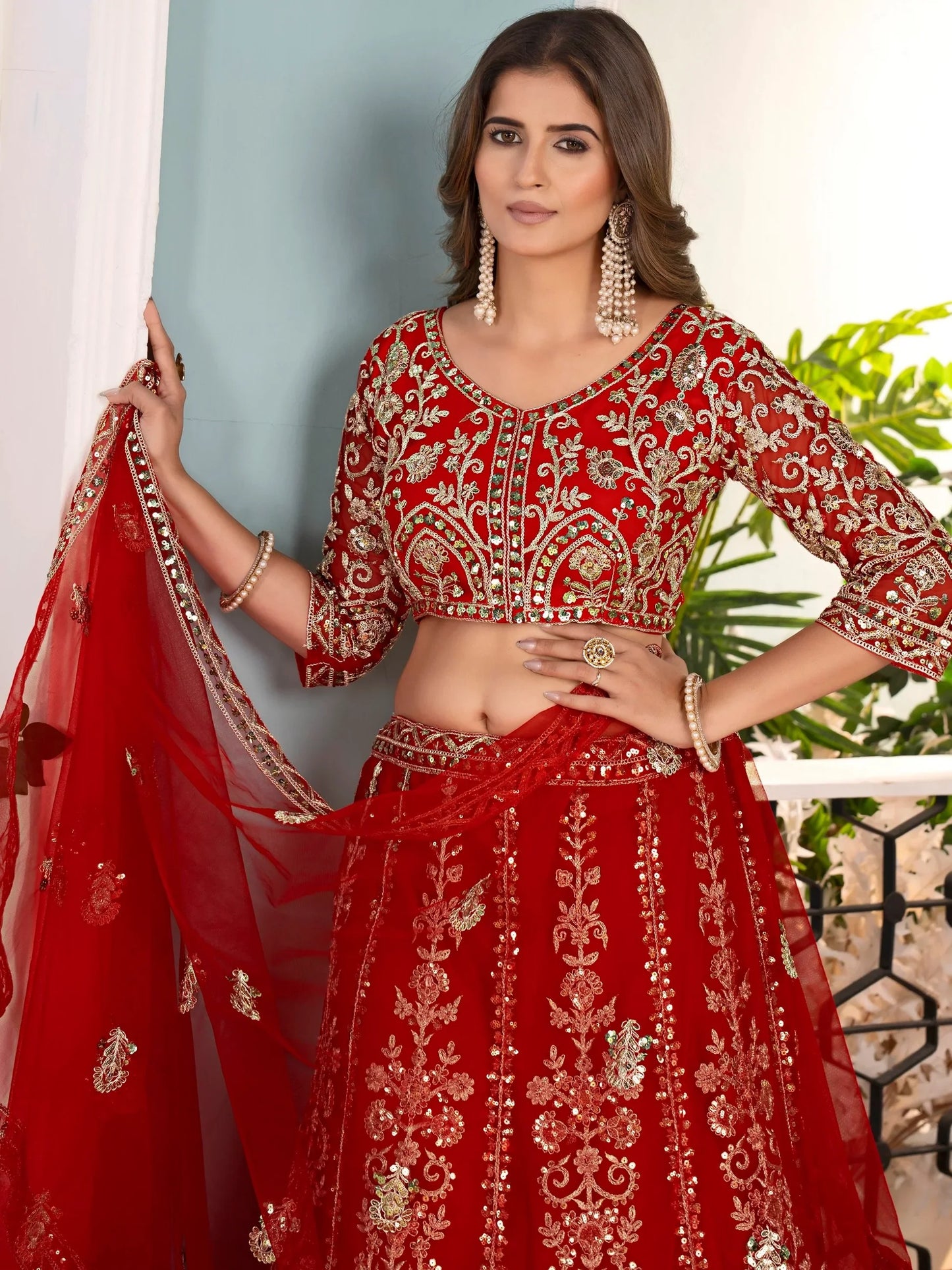 Rotes Net Sequins Work Lehenga Choli