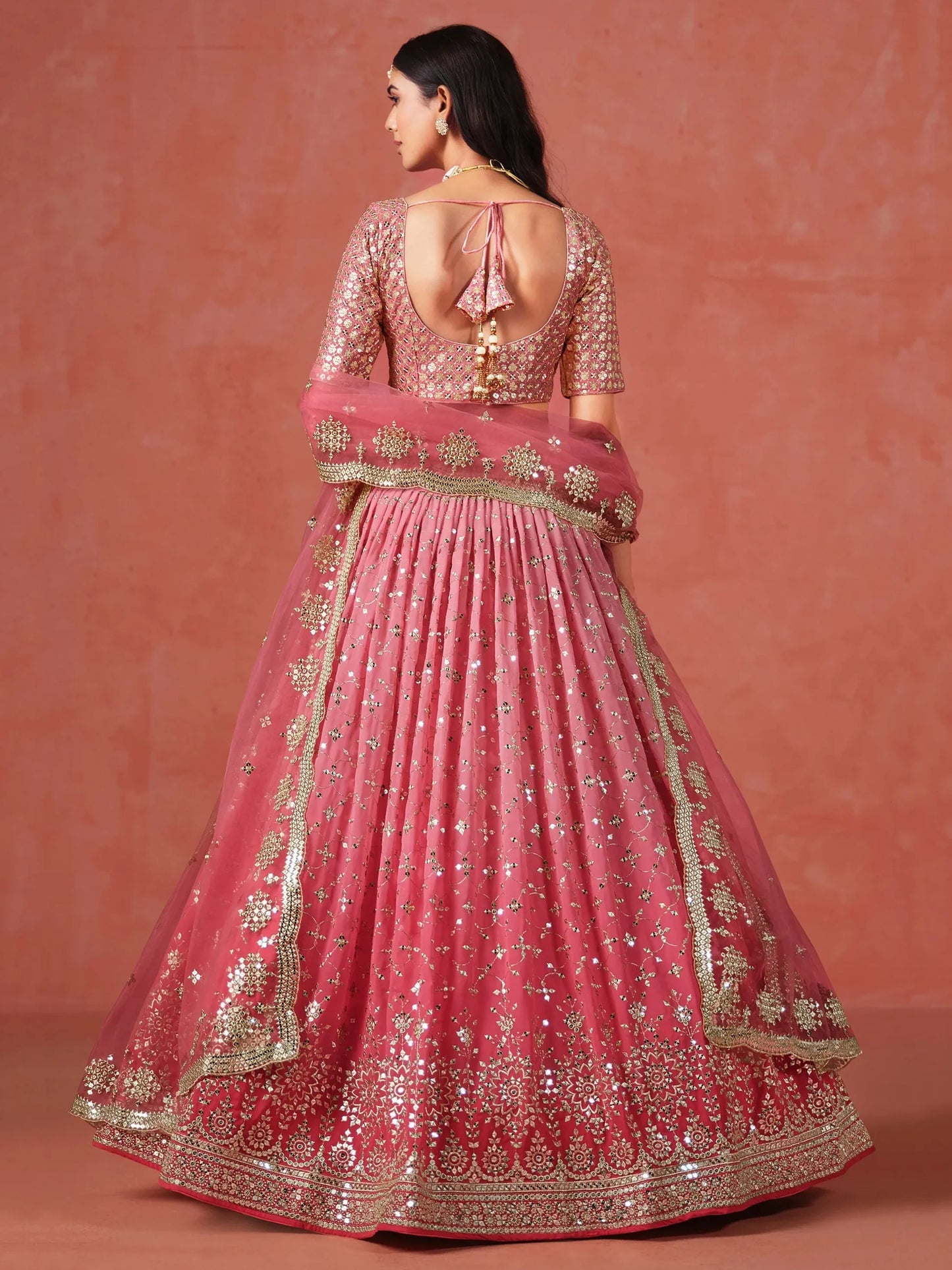 Peach Pink Georgette Sequins Work Lehenga Choli