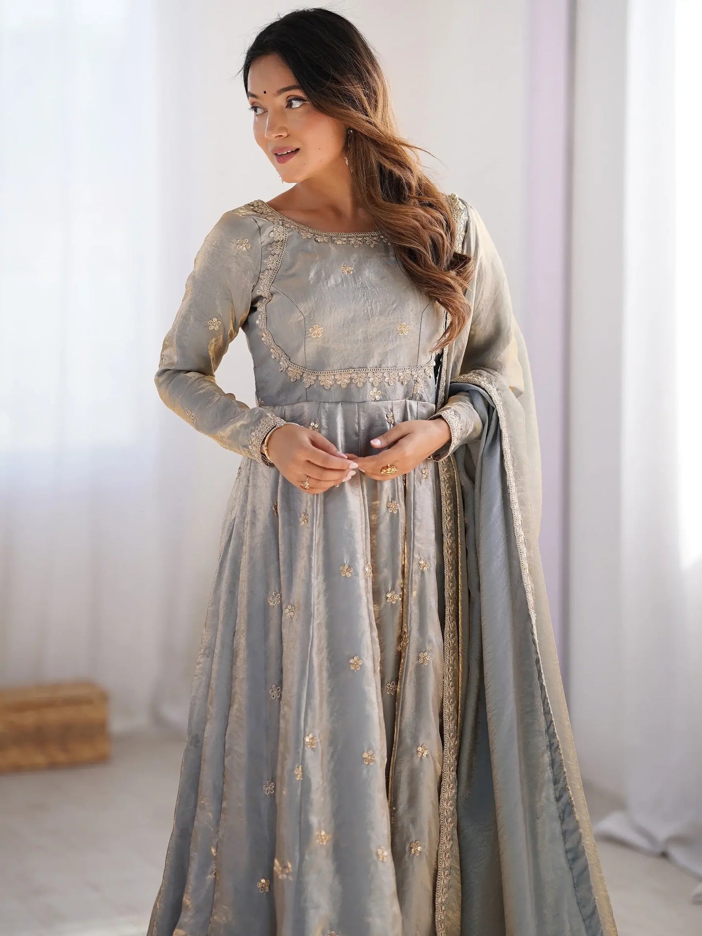 Grey Sequins Silk Traditional Gown With Dupatta