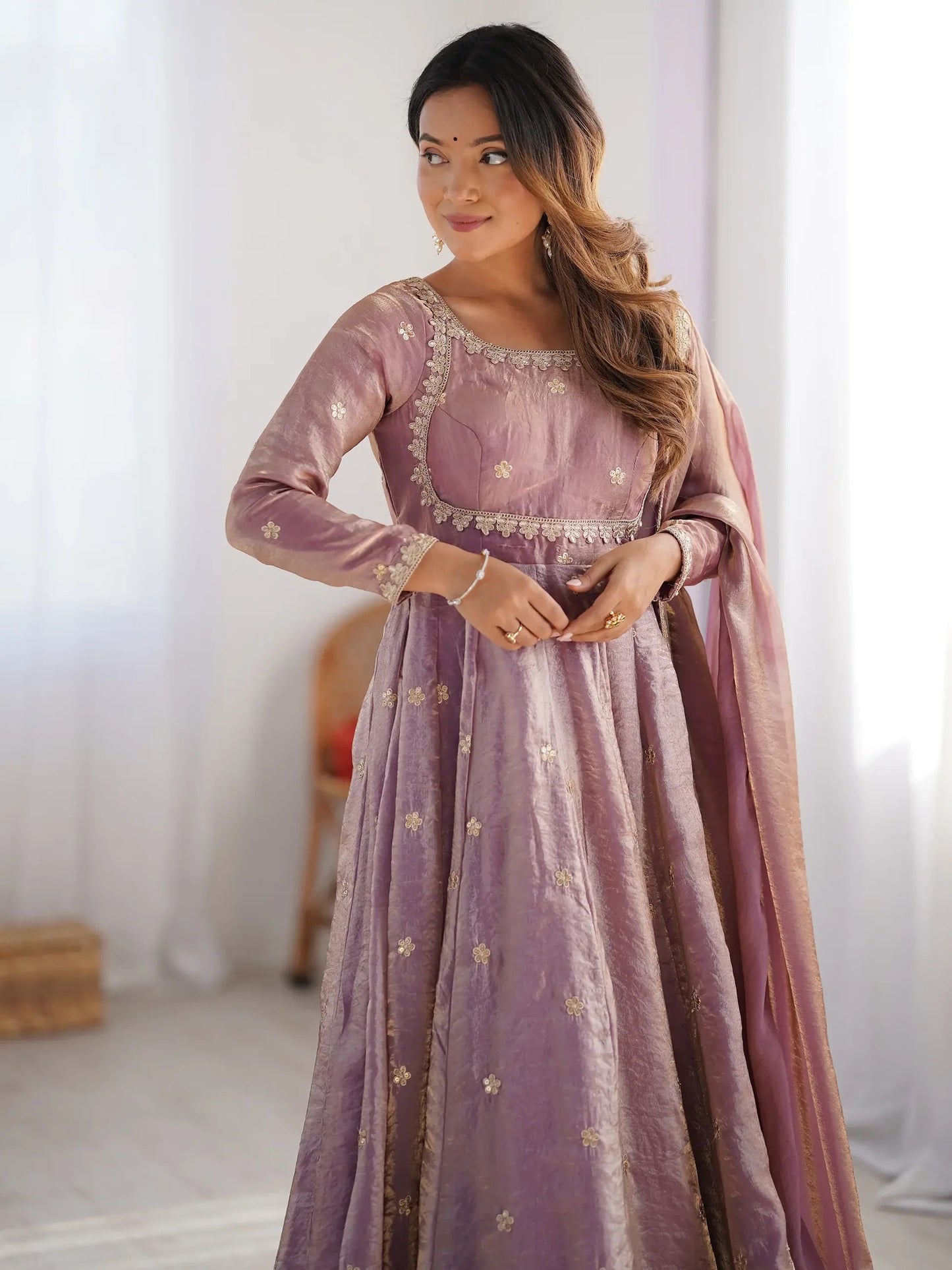 Pink/Lila Sequins Silk Traditional Gown With Dupatta