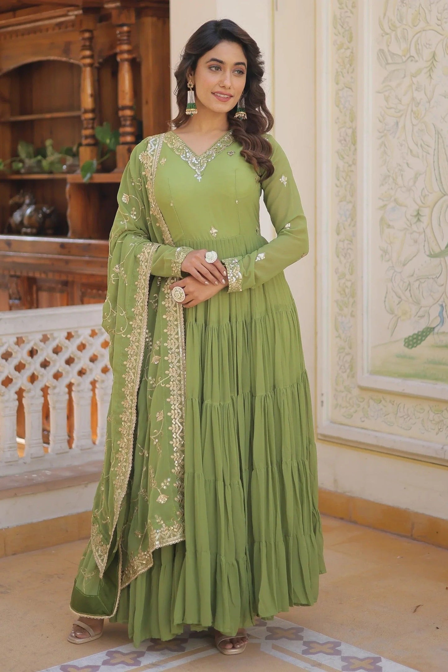 Green Georgette Festival Wear Gown With Dupatta