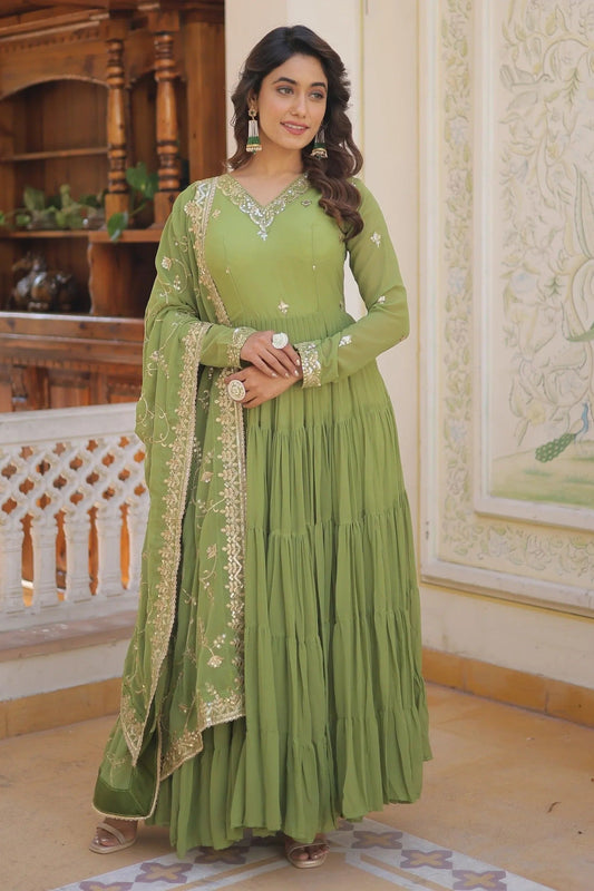Green Georgette Festival Wear Gown With Dupatta