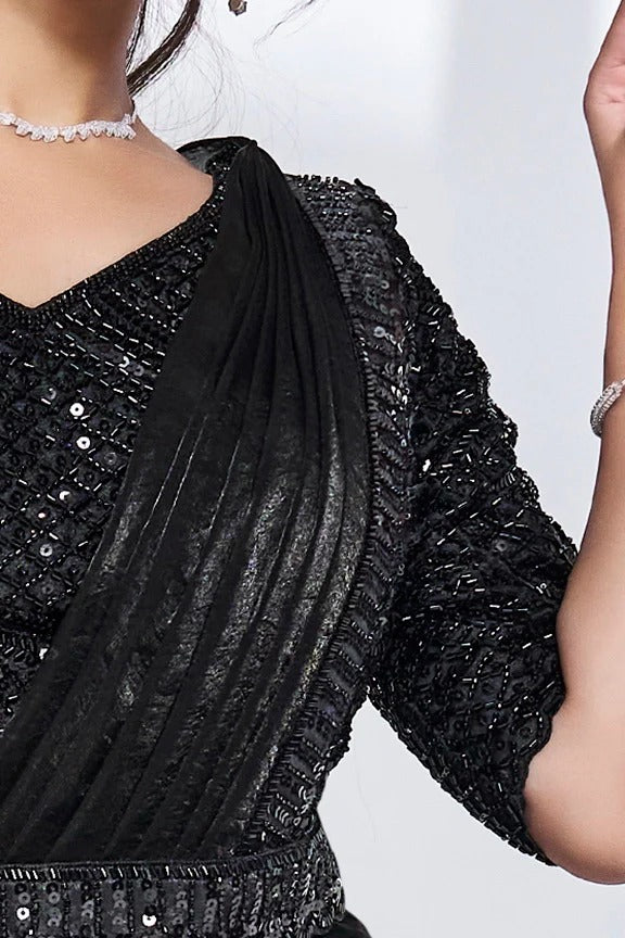 Black Satin Pre-Stitched Saree with Belt – Elegant & Easy to Wear