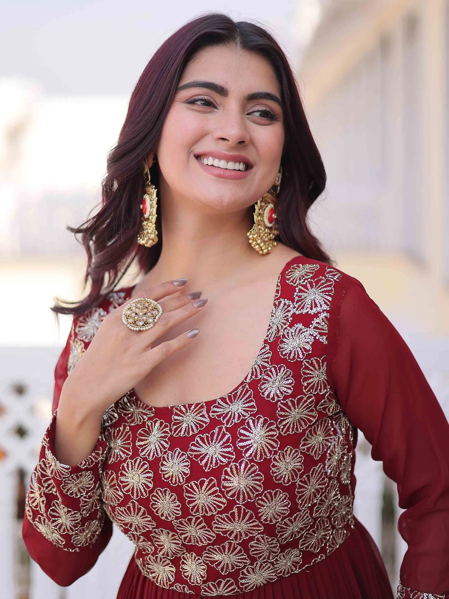 Maroon Zari Georgette Festival Wear Gown With Dupatta