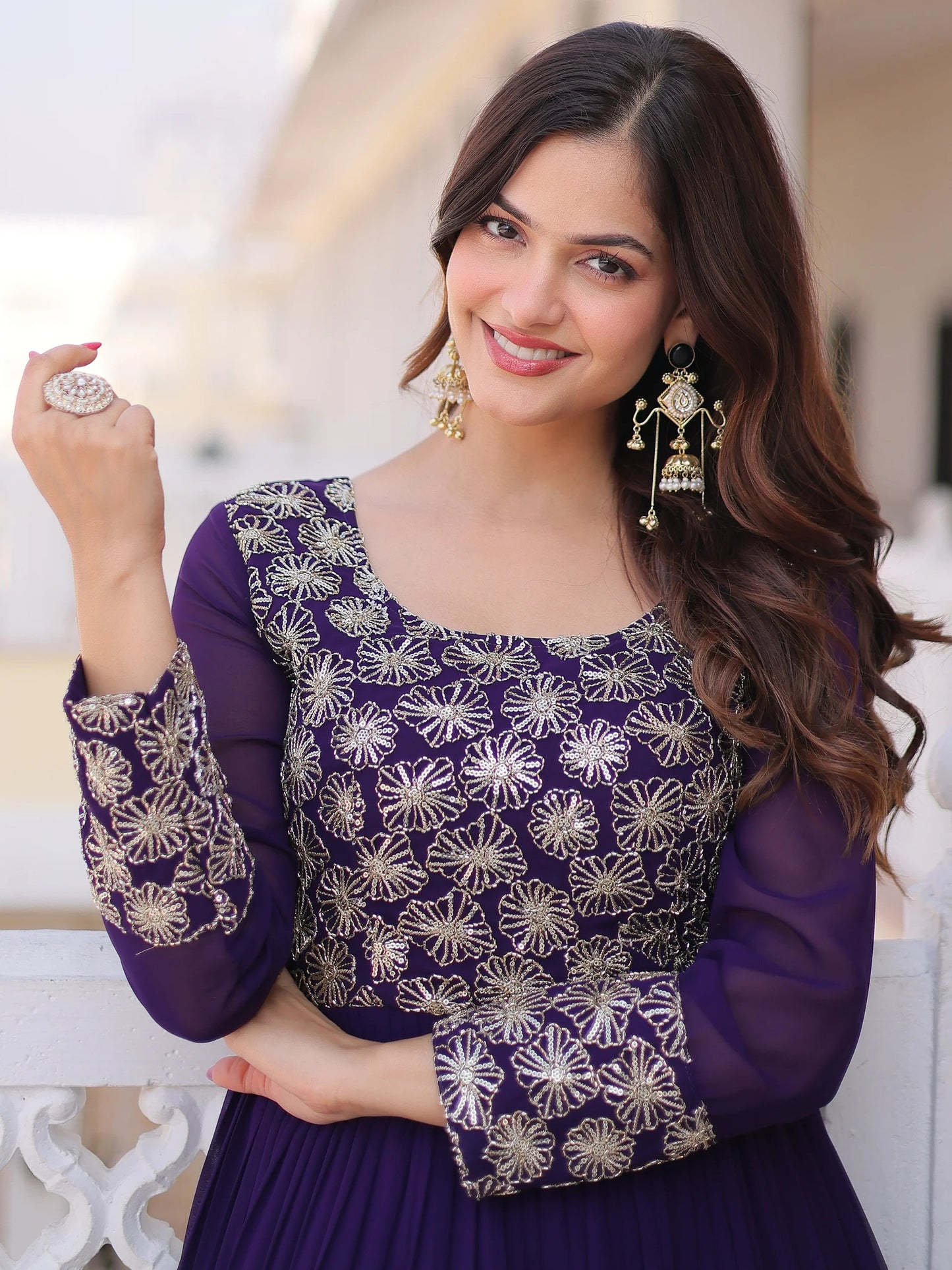 purple Zari Georgette Festival Wear Gown With Dupatta