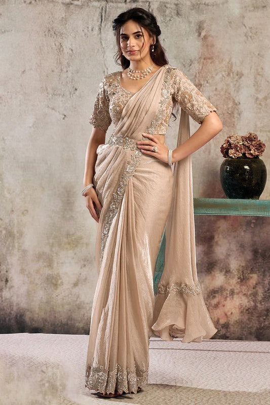 Beige Satin Pre-Stitched Saree with Belt – Elegant & Easy to Wear