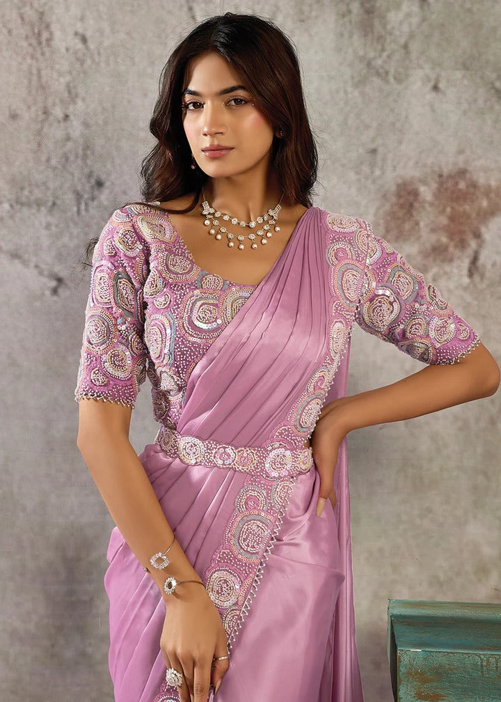 Pink Satin Pre-Stitched Saree with Belt – Elegant & Easy to Wear