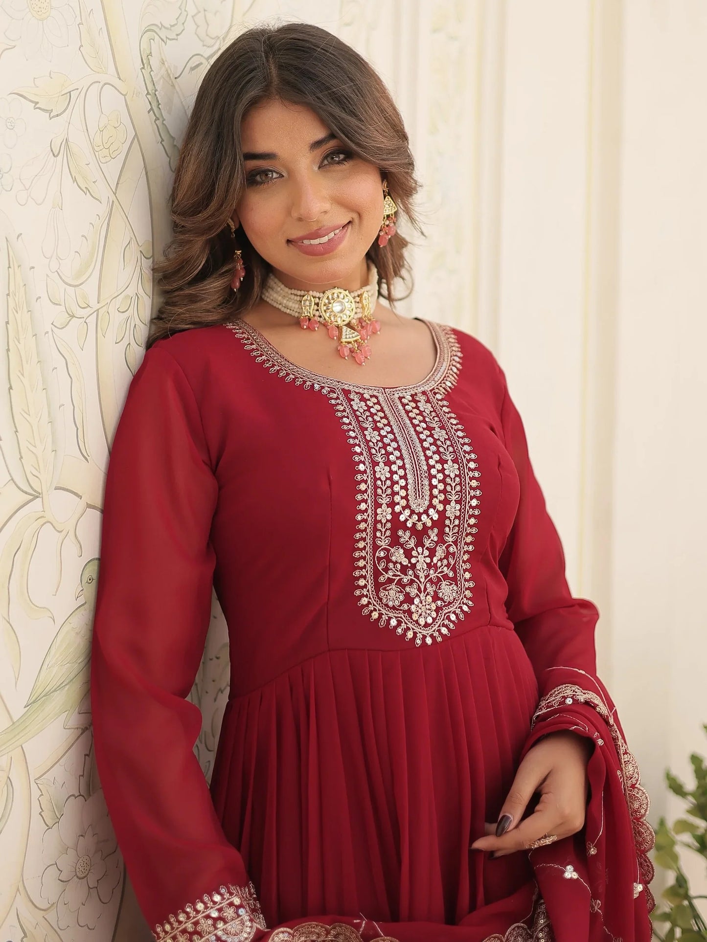 Maroon Sequins Georgette Festival Wear Gown With Dupatta