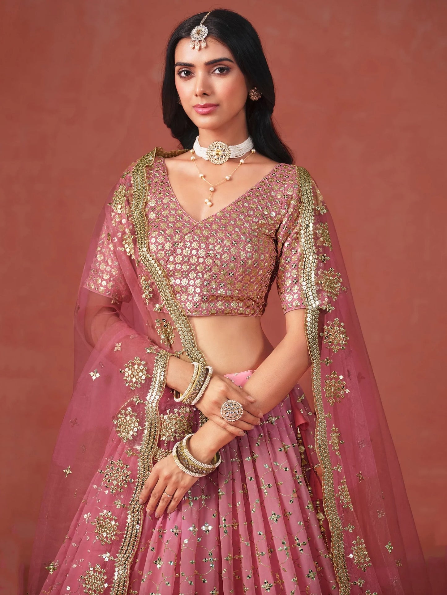 Peach Pink Georgette Sequins Work Lehenga Choli