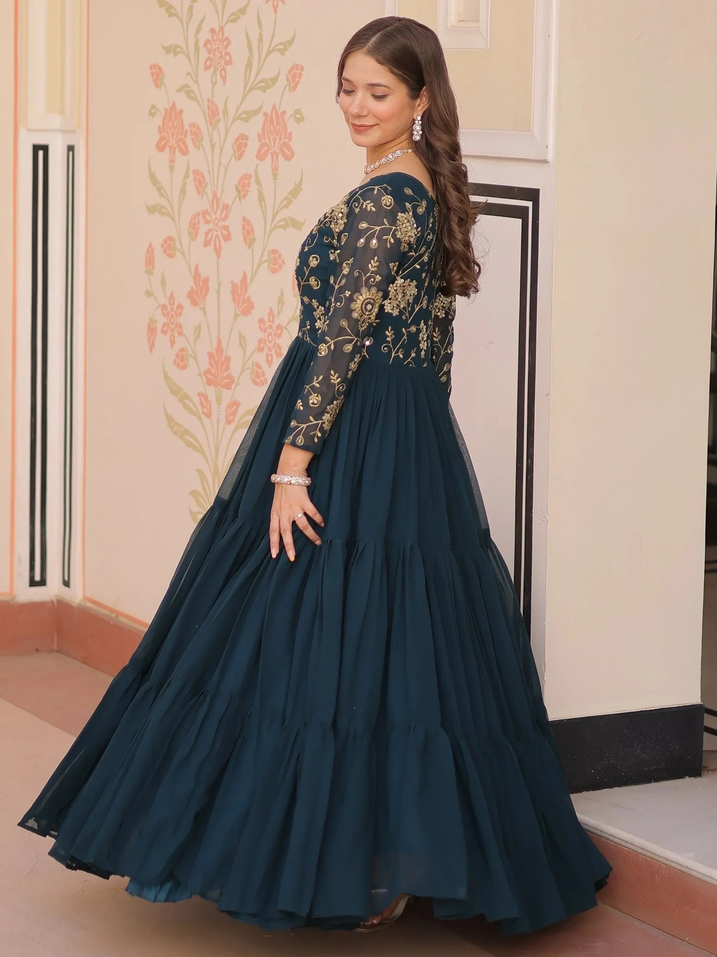 Teal blue Georgette Festival Wear Gown With Dupatta