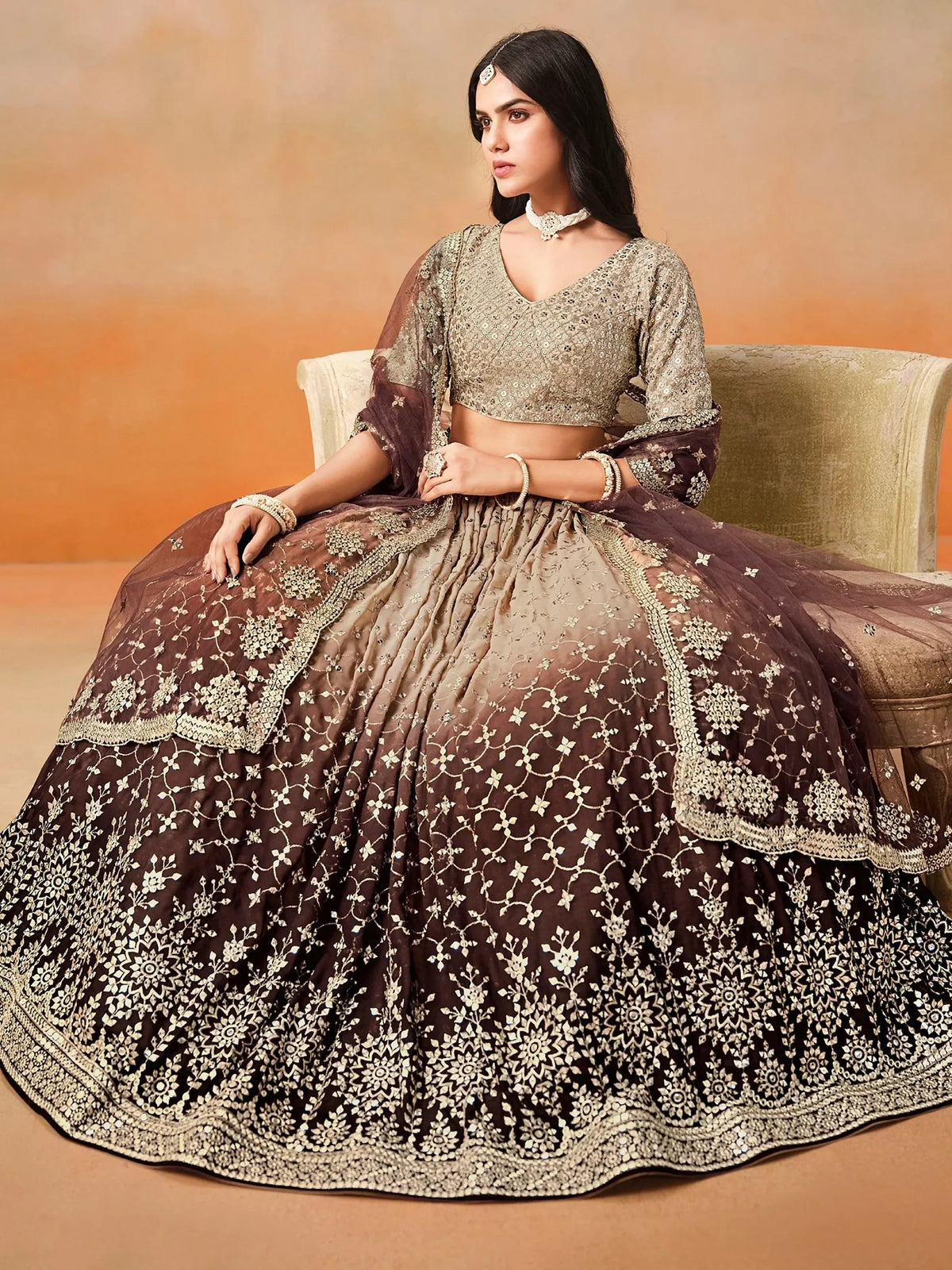 Brown Georgette Sequins Work Lehenga Choli