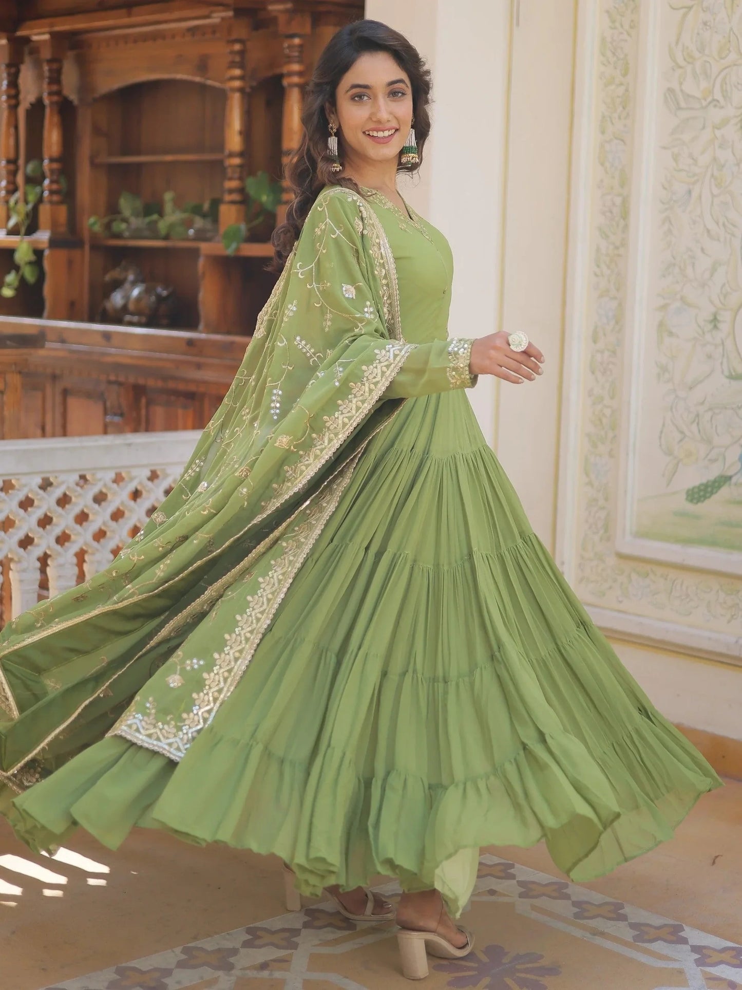 Green Georgette Festival Wear Gown With Dupatta