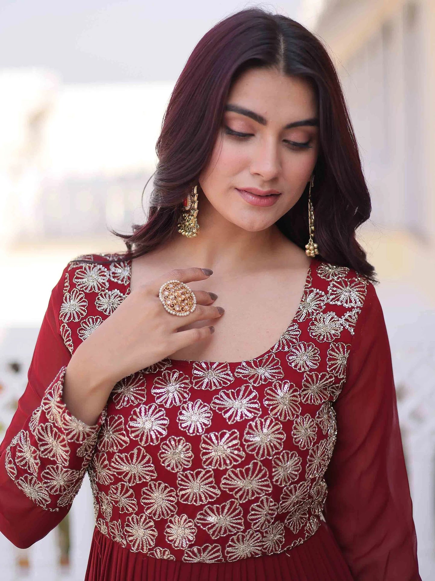 Maroon Zari Georgette Festival Wear Gown With Dupatta