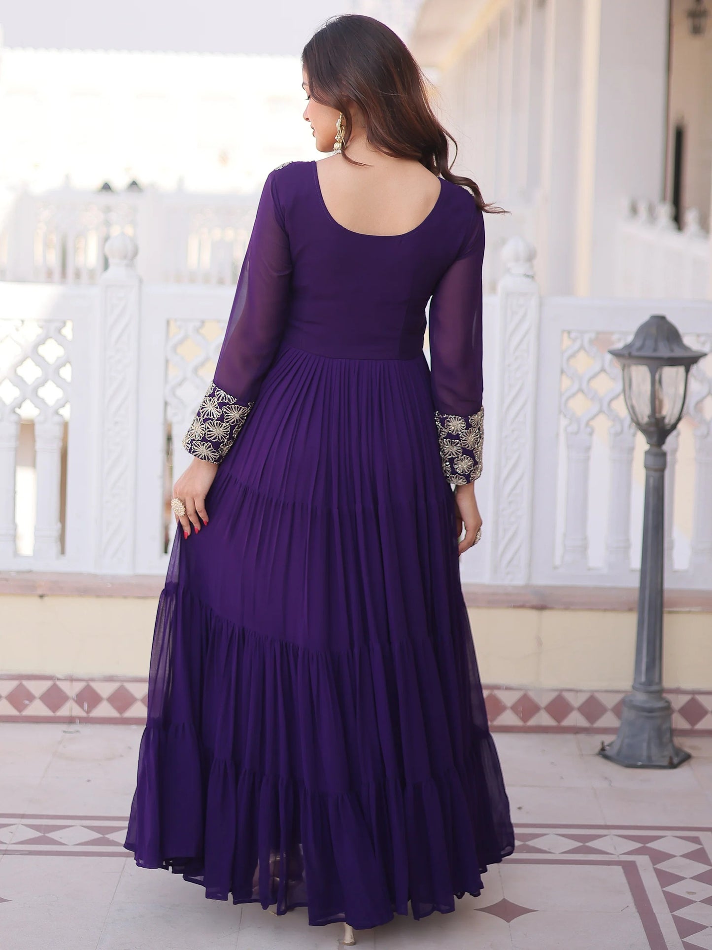 purple Zari Georgette Festival Wear Gown With Dupatta
