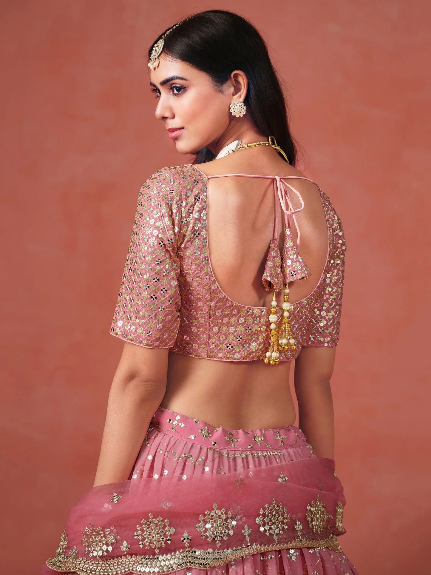Peach Pink Georgette Sequins Work Lehenga Choli