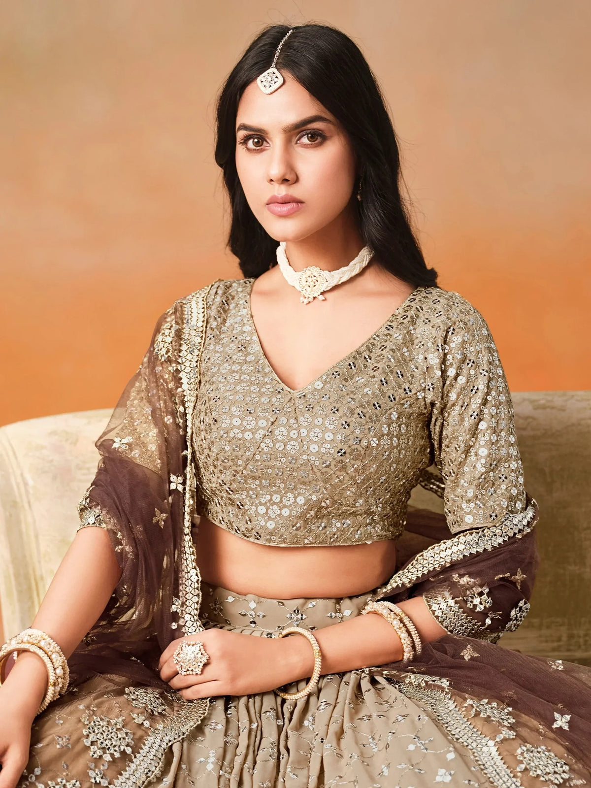 Brown Georgette Sequins Work Lehenga Choli