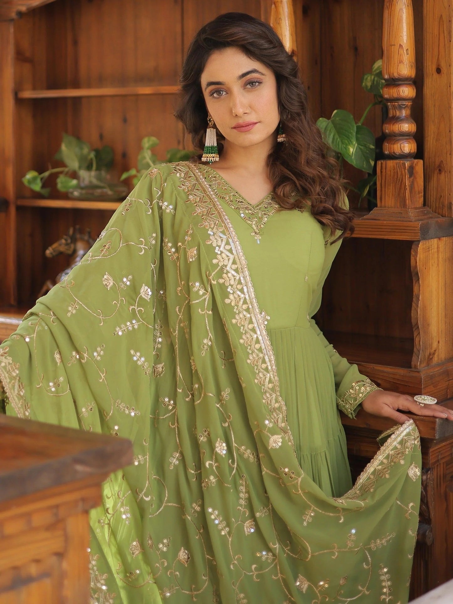 Green Georgette Festival Wear Gown With Dupatta