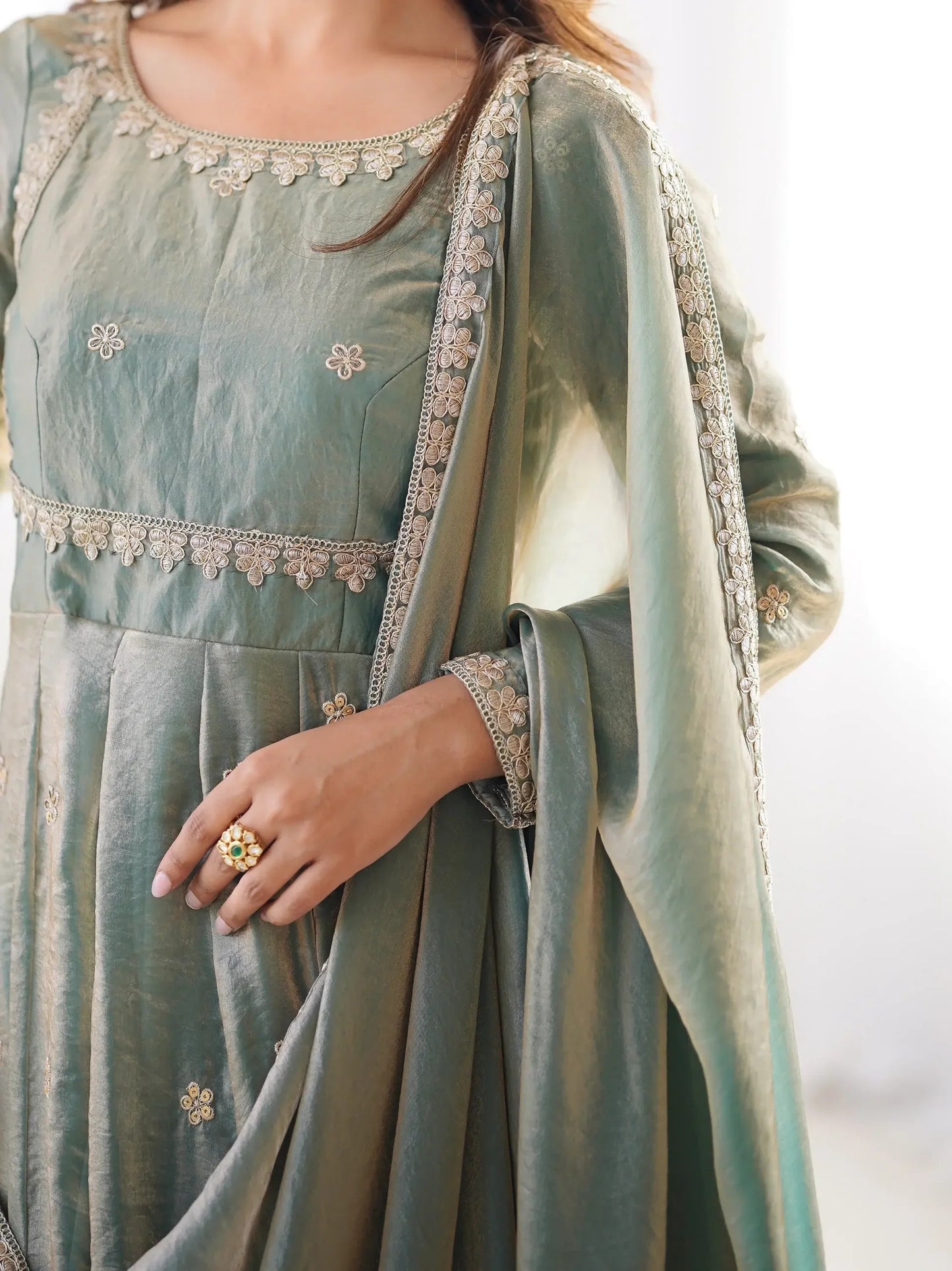 Green Sequins Silk Traditional Gown With Dupatta