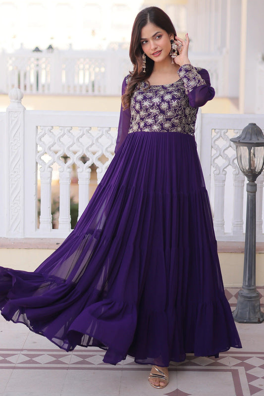 purple Zari Georgette Festival Wear Gown With Dupatta