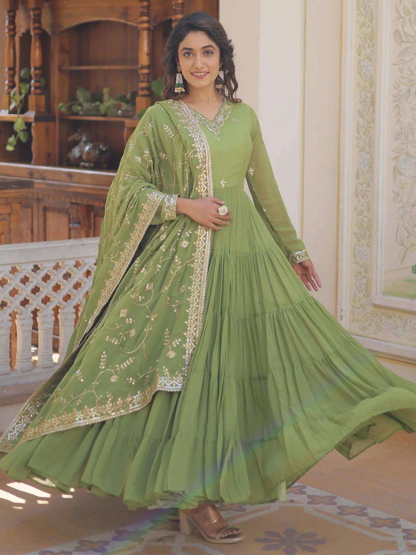 Green Georgette Festival Wear Gown With Dupatta