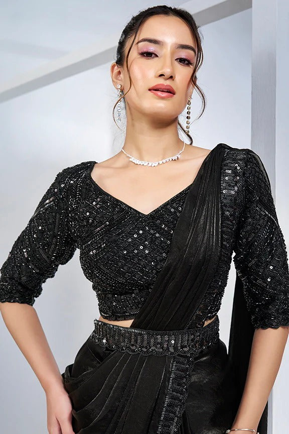 Black Satin Pre-Stitched Saree with Belt – Elegant & Easy to Wear
