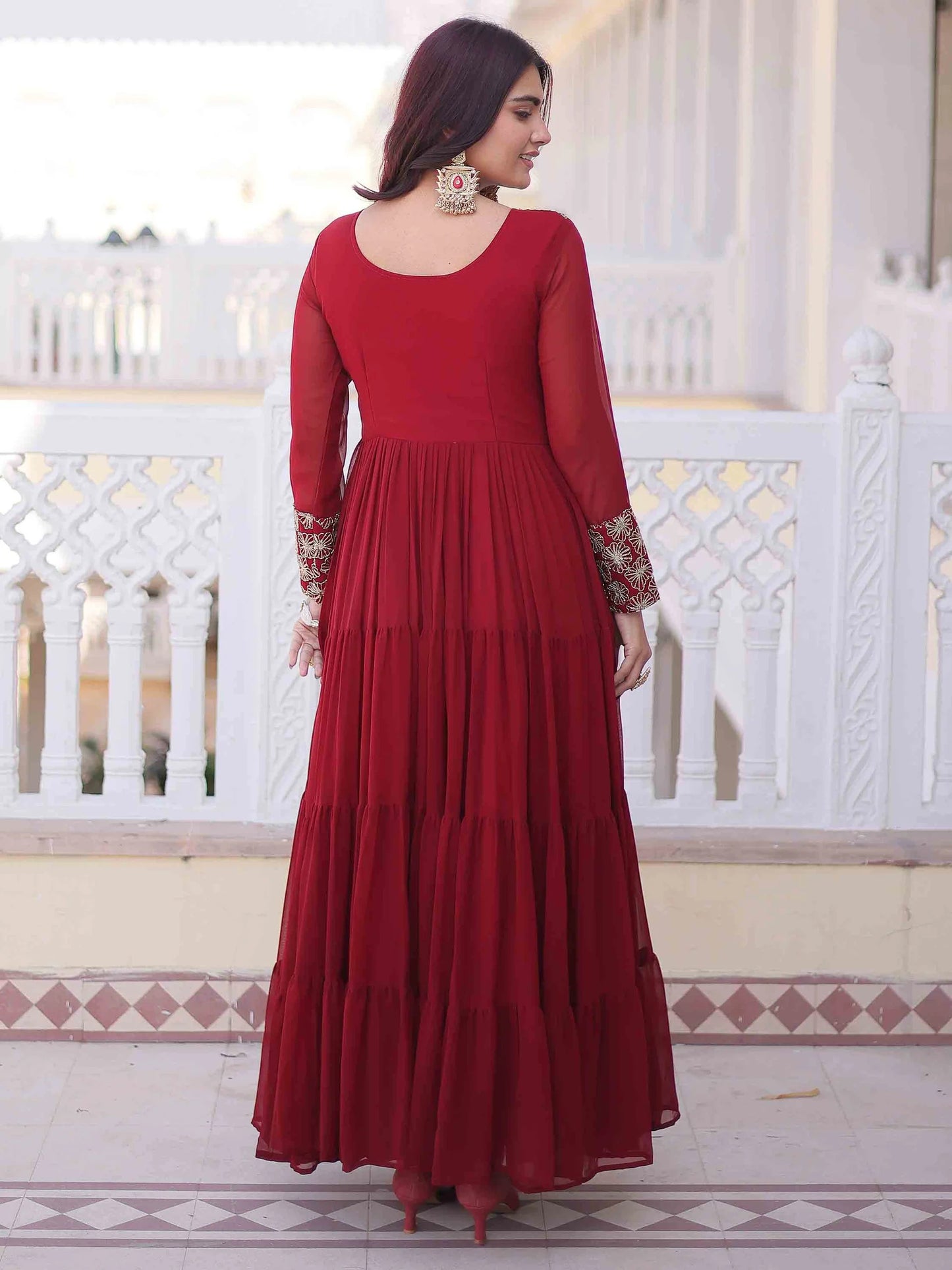 Maroon Zari Georgette Festival Wear Gown With Dupatta