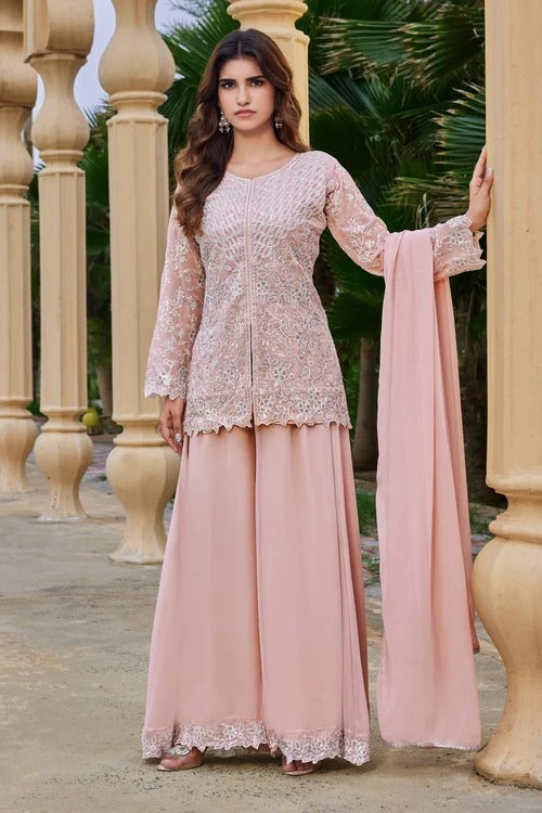 Peach Embroidered Kurta Sharara with Dupatta Set