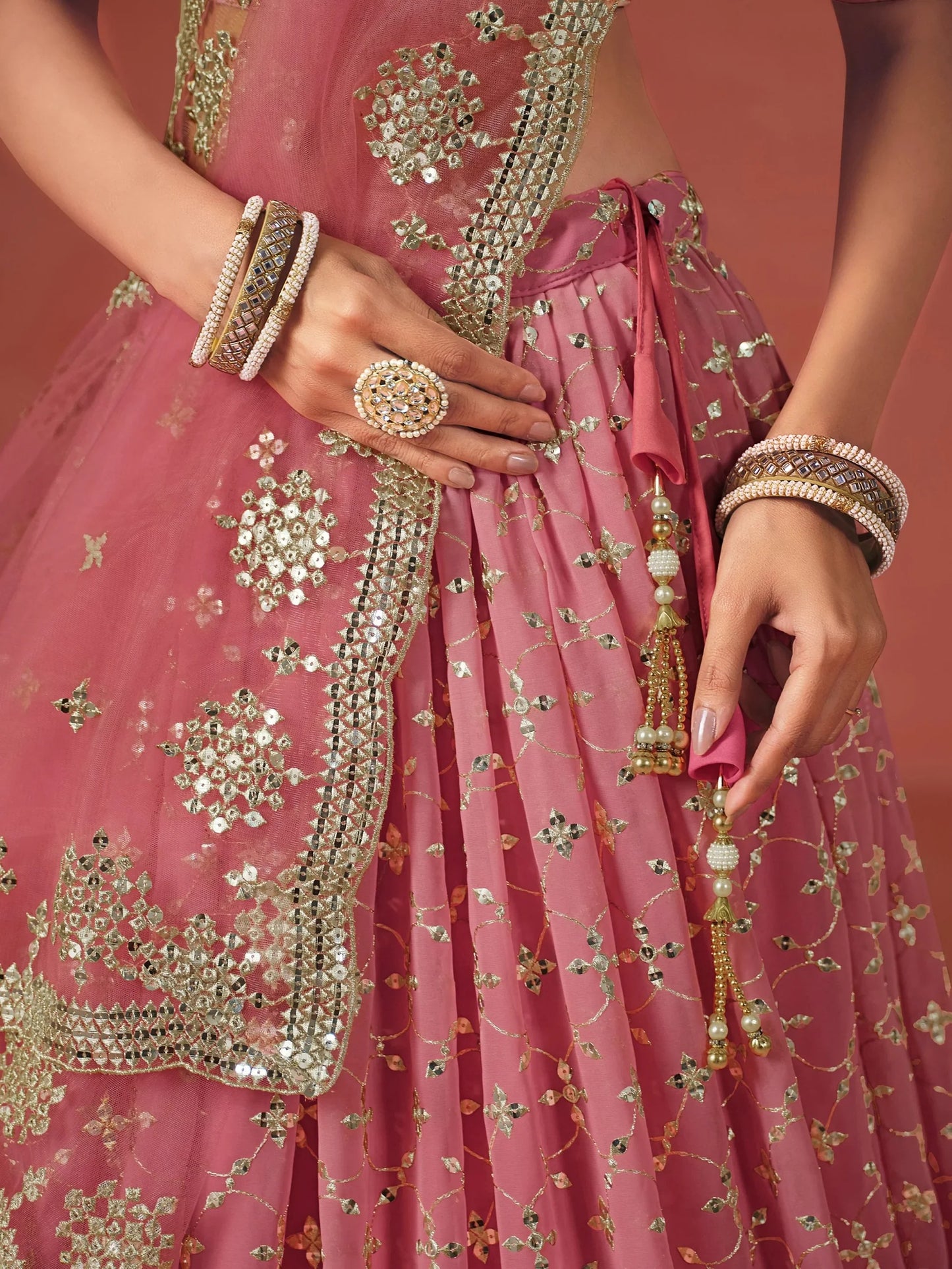 Peach Pink Georgette Sequins Work Lehenga Choli