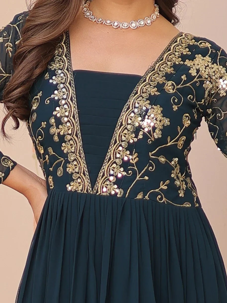 Teal blue Georgette Festival Wear Gown With Dupatta