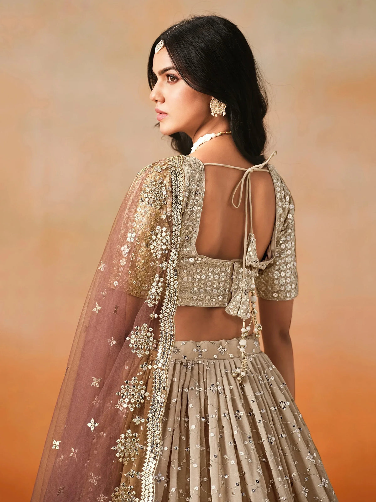 Brown Georgette Sequins Work Lehenga Choli