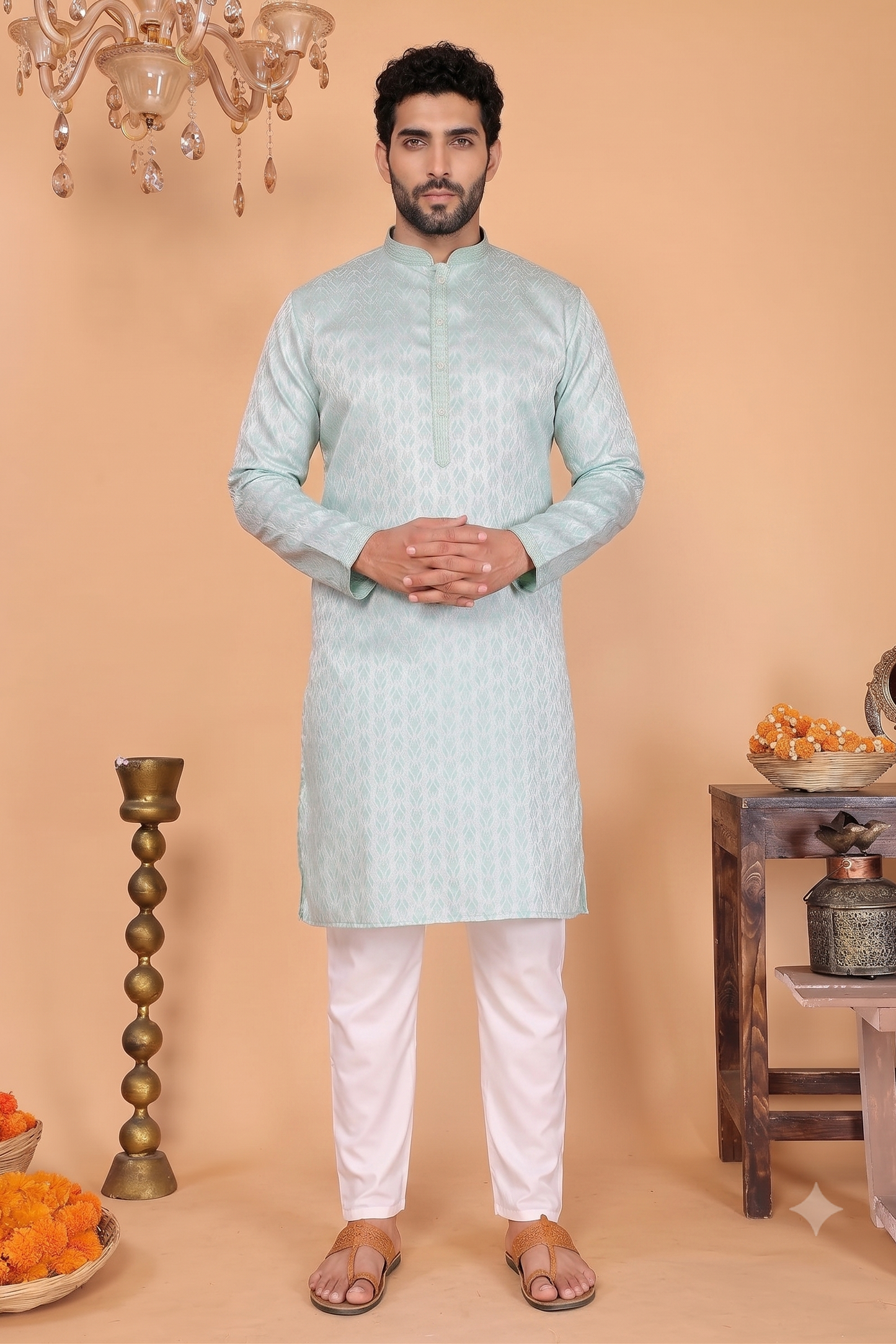 Jacquard Silk Kurta Pajama- Mint