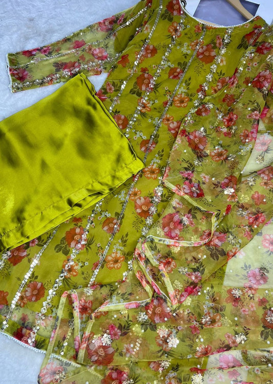 Lime Green Floral Organza Suit