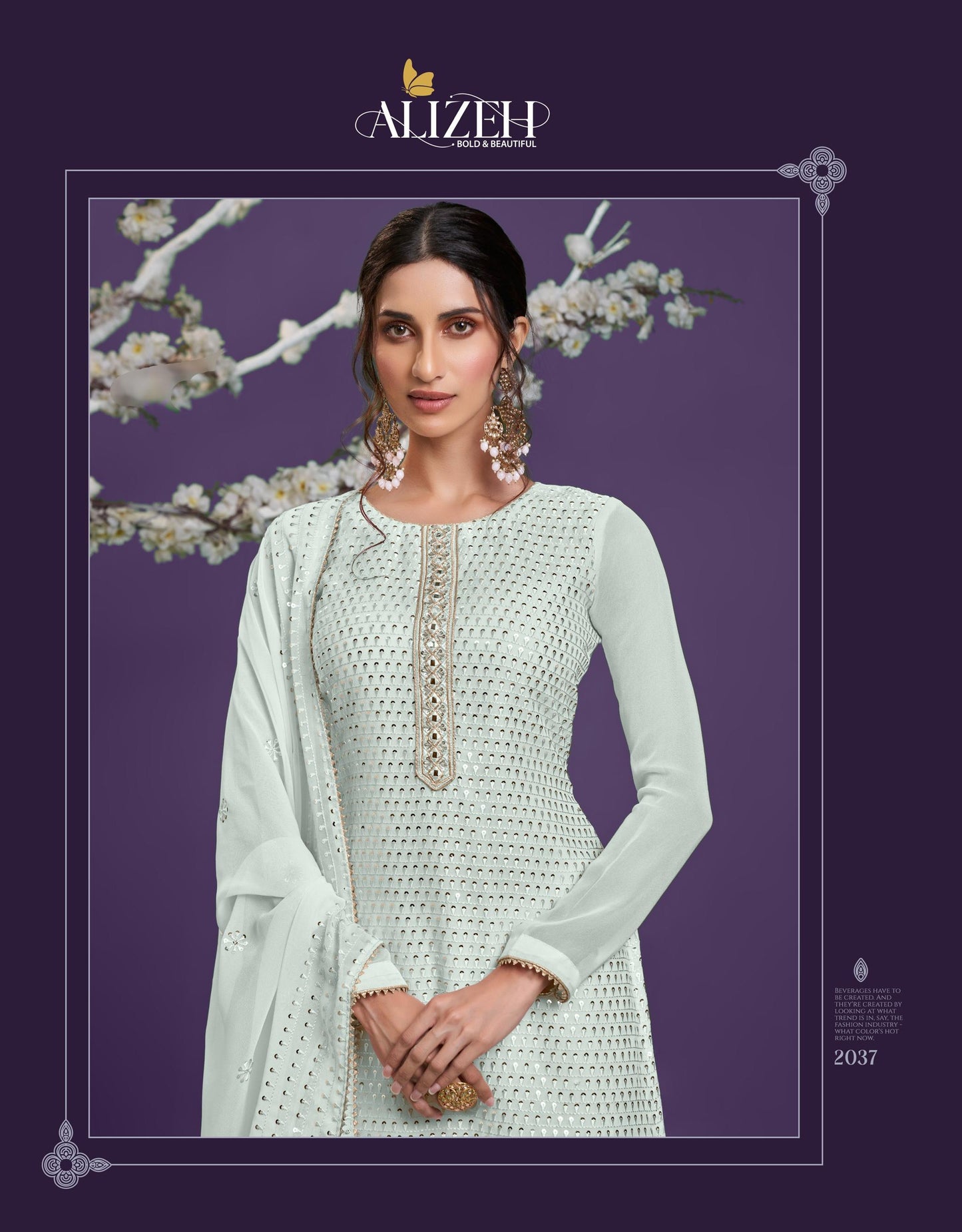 Georgette-Gharara-Set mit aufwendiger Faden- & Paillettenstickerei, Handarbeit am Halsausschnitt, semi-stitched Design, Top, Hose & Dupatta.