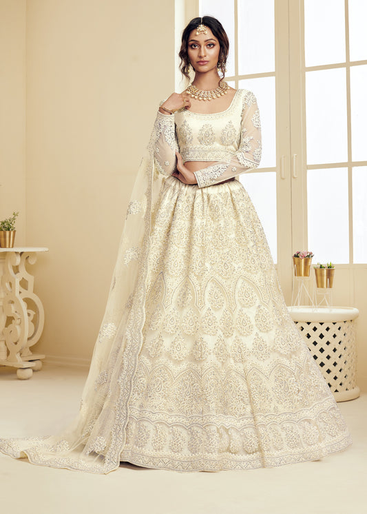 Off White Net & Silk Lehenga